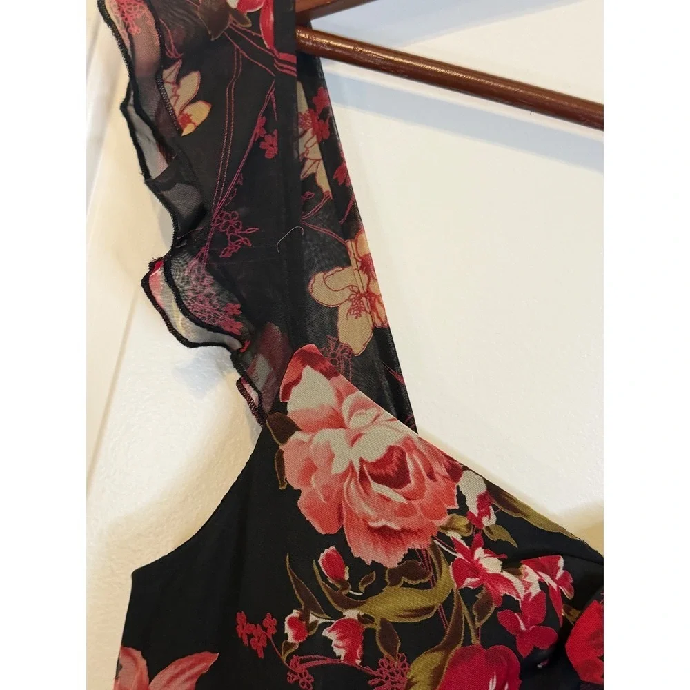 Vintage Madison Leigh Y2K Romantic Black Floral Ruffle Sleeve Midi Dress Size 10 - Picture 6 of 9